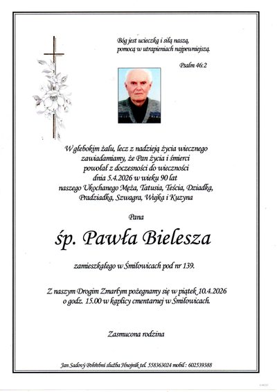 Smuteční oznámení – śp. Paweł Bielesz