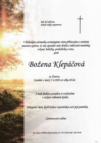 Smuteční oznámení – Zemřela Klepáčová