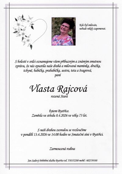 Smuteční oznámení – Vlasta Rajcová
