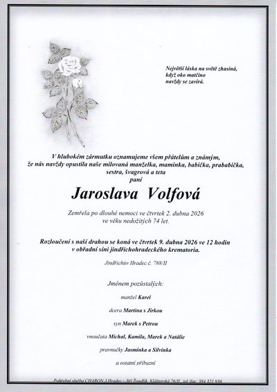 Smuteční oznámení – Jaroslava Volfová