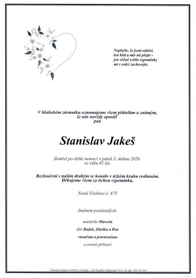 Smuteční oznámení – Szanislav Jakeš