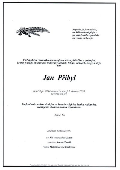 Smuteční oznámení – Jan Přibyl