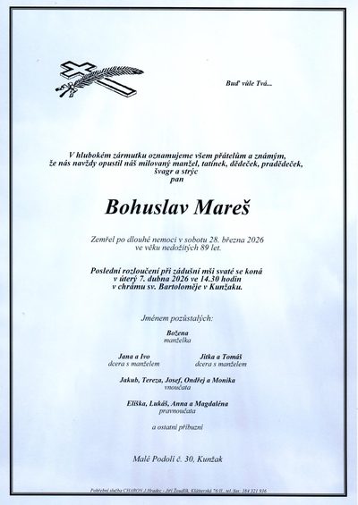 Smuteční oznámení – Bohuslav Mareš