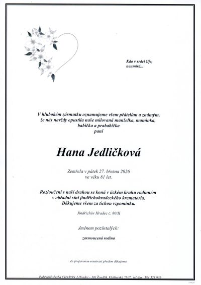 Smuteční oznámení – Hana Jedličková