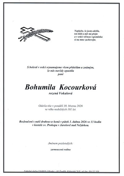 Smuteční oznámení – Bohumila Kocourková