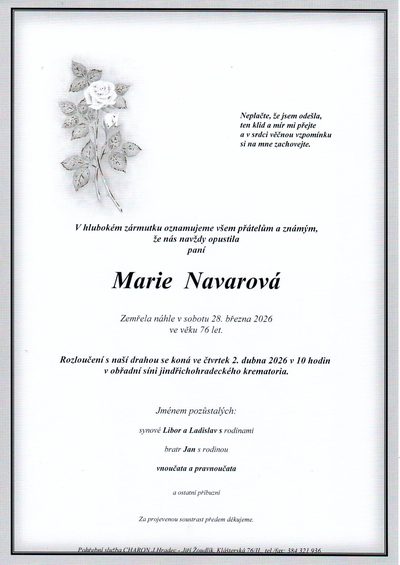 Smuteční oznámení – Marie Navarová