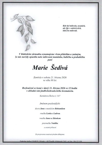 Smuteční oznámení – Marie Sedivá