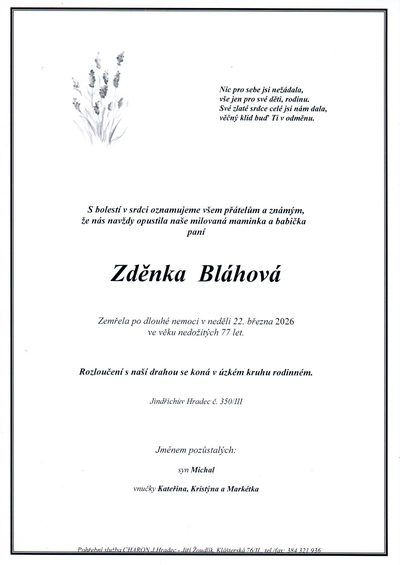 Smuteční oznámení – Zděnka Bláhová
