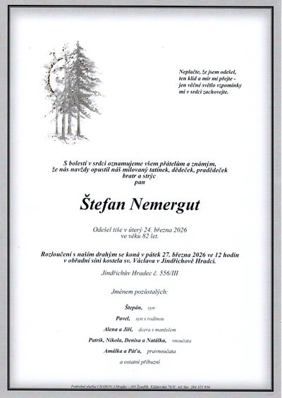 Smuteční oznámení – Štefan Nemergut