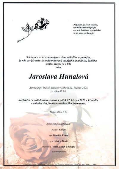 Smuteční oznámení – Jaroslava Hunalová