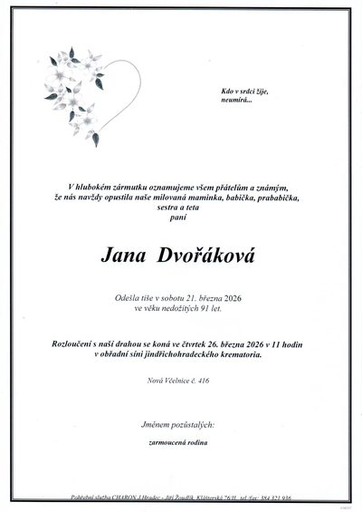 Smuteční oznámení – Jana Dvořáková