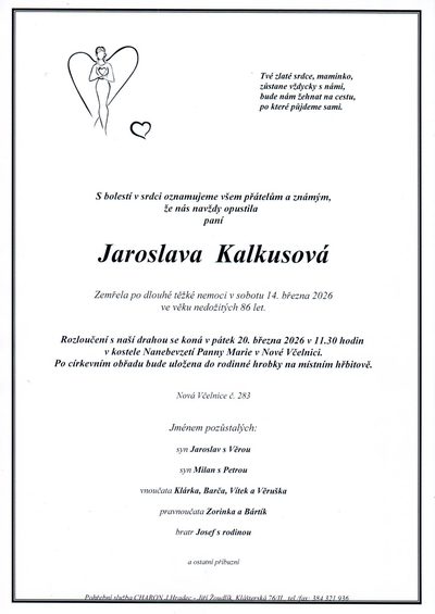 Smuteční oznámení – Jaroslava Kalkusová