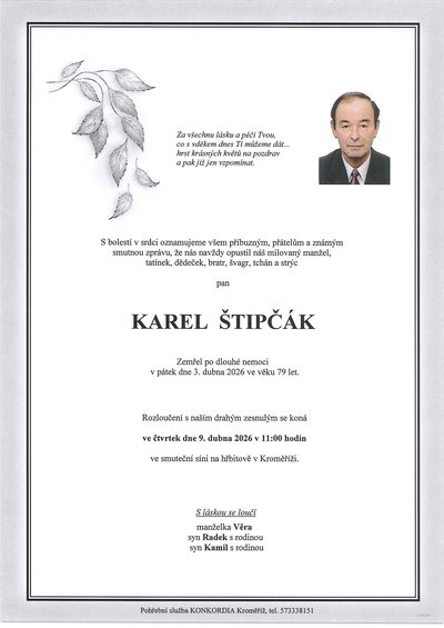Smuteční oznámení – Karel Štipčák