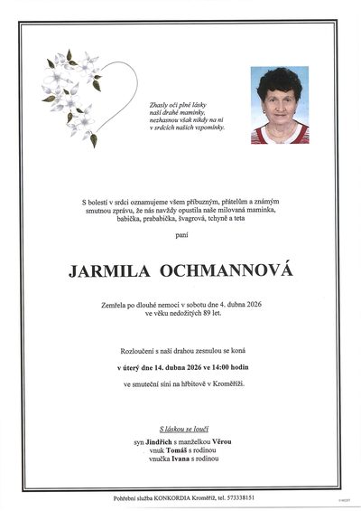 Smuteční oznámení – Jarmila Ochmannová
