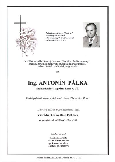 Smuteční oznámení – Antonín Pálka