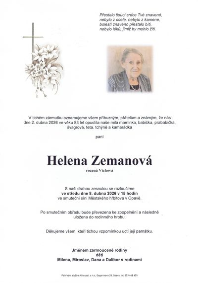 Smuteční oznámení – Helena Zemanová