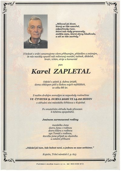 Smuteční oznámení – Karel Zapletal