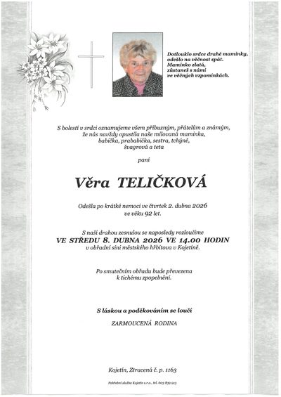 Smuteční oznámení – l Věra Teličková
