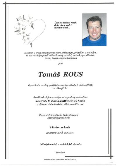 Smuteční oznámení – Tomáš Rous