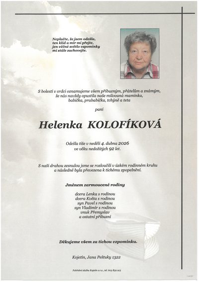 Smuteční oznámení – Helenka Kolofíková