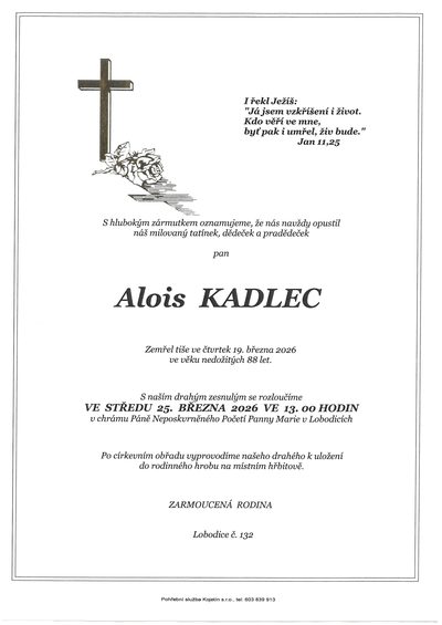Smuteční oznámení – Alois Kadlec