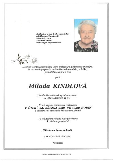 Smuteční oznámení – Milada Kindlová