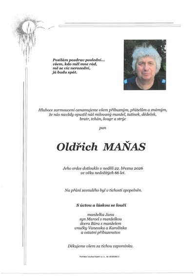 Smuteční oznámení – Oldřich Maňas