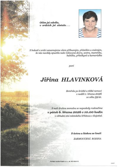 Smuteční oznámení – Jiřina Hlavinková