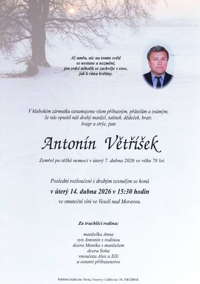 Smuteční oznámení – Antonín Větříšek