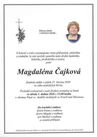 Smuteční oznámení – Magdaléna Čajková