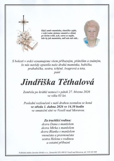 Smuteční oznámení – Jindřiška Téthalová