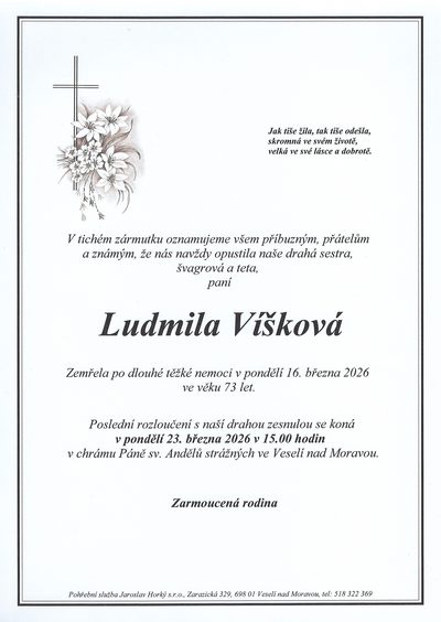 Smuteční oznámení – Ludmila Víšková