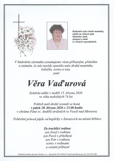 Smuteční oznámení – Véra Vaďurová