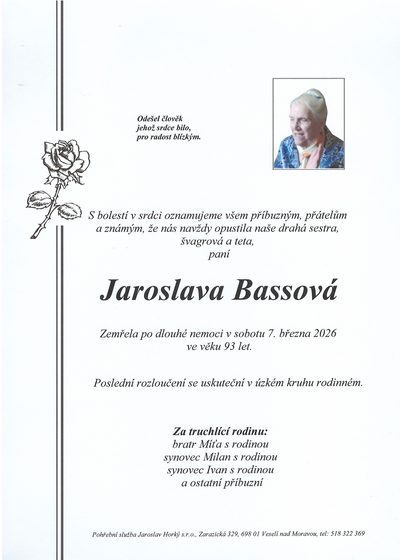 Smuteční oznámení – Jaroslava Bassová