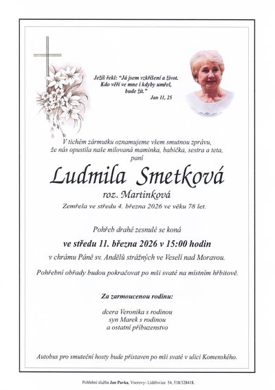 Smuteční oznámení – Ludmila Smetková