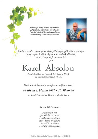 Smuteční oznámení – Karel Absolon