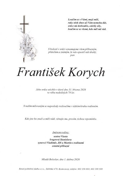 Smuteční oznámení – František Korych