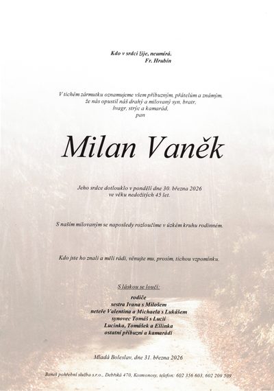 Smuteční oznámení – Milan Vaněk