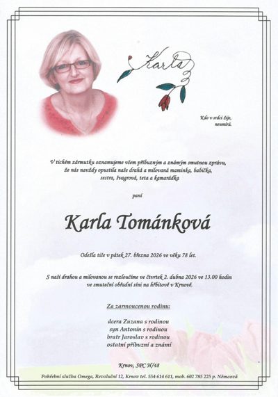 Smuteční oznámení – Karla Tománková