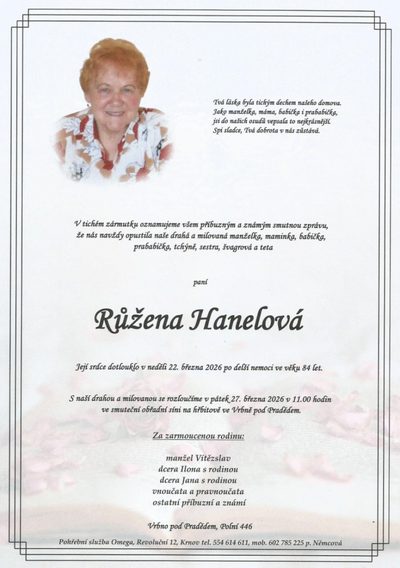 Smuteční oznámení – Růžena Hanelová