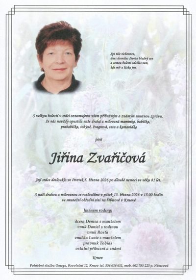 Smuteční oznámení – Jiřina Zvařičová