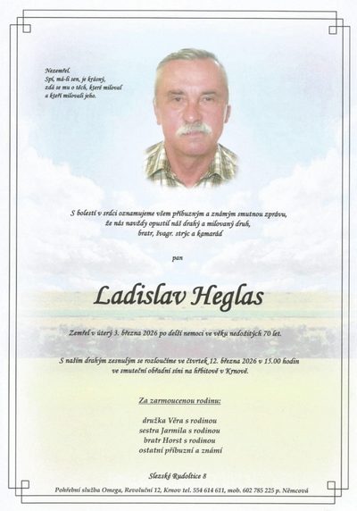 Smuteční oznámení – Ladislav Heglas