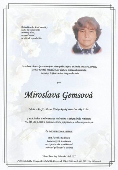 Smuteční oznámení – Miroslava Gemsová
