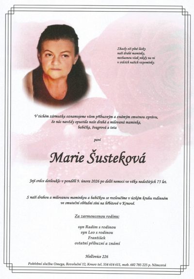 Smuteční oznámení – Marie Šusteková