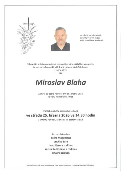 Smuteční oznámení – Miroslav Blaha