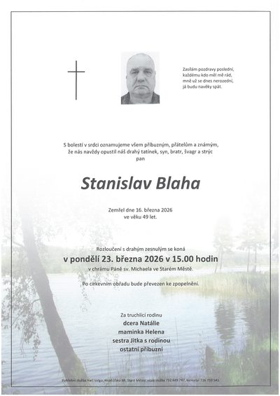 Smuteční oznámení – Stanislav Blaha
