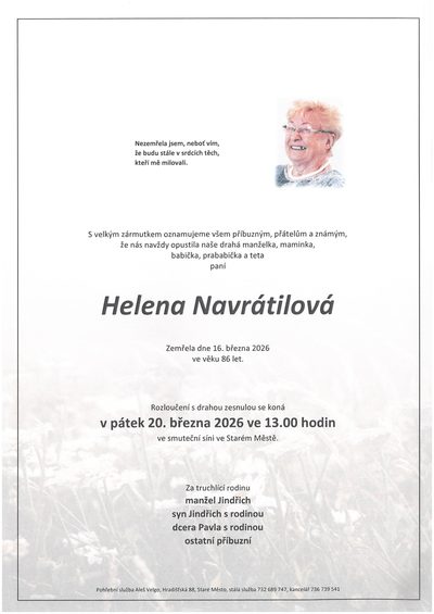 Smuteční oznámení – Helena Navrátilová