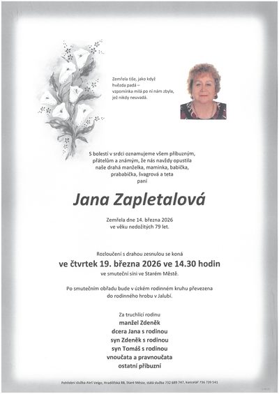 Smuteční oznámení – Jana Zapletalová