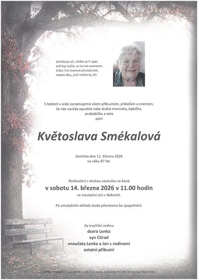 Smuteční oznámení – Květoslava Smékalová