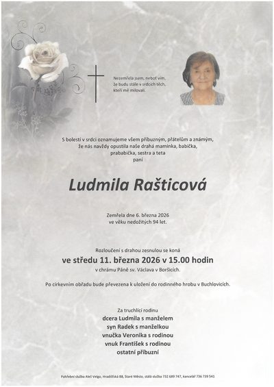 Smuteční oznámení – Ludmila Rašticová